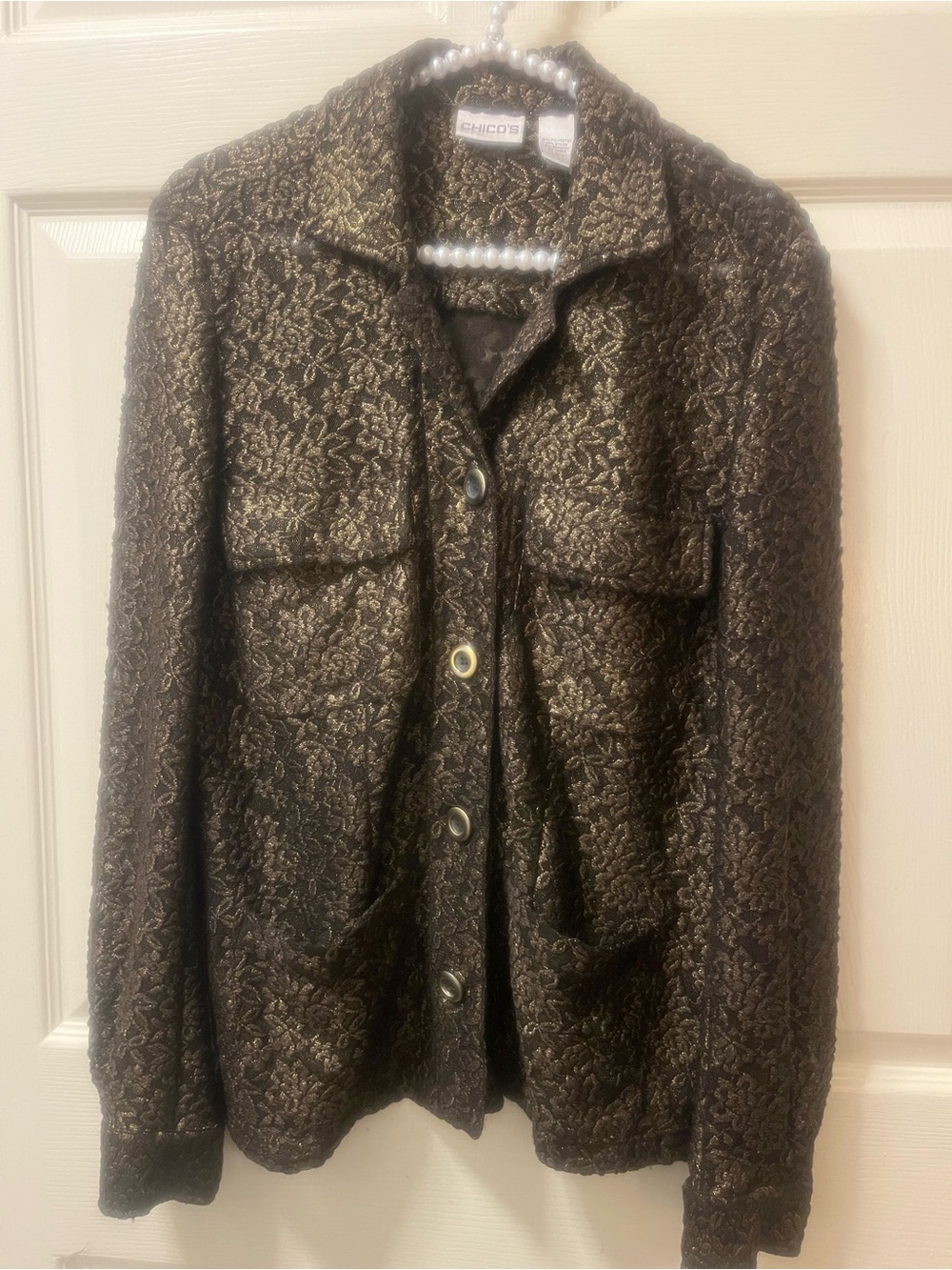 Chico’s Size 0 Bronze Black Metallic Floral Lace Shacket Jacket Button Front - Picture 2 of 9